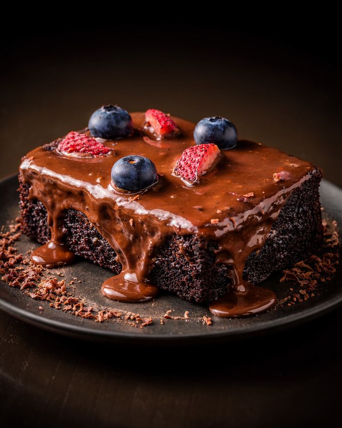 About Rich chocolate cake topped with luscious berries, capturing the essence of Peruvian dessert culture.